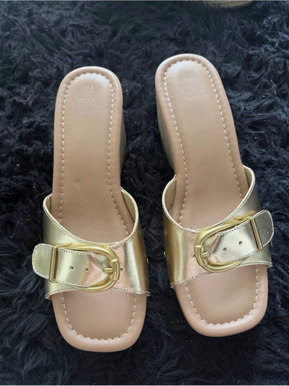 Time and Tru Gold Buckle Slide Sandals